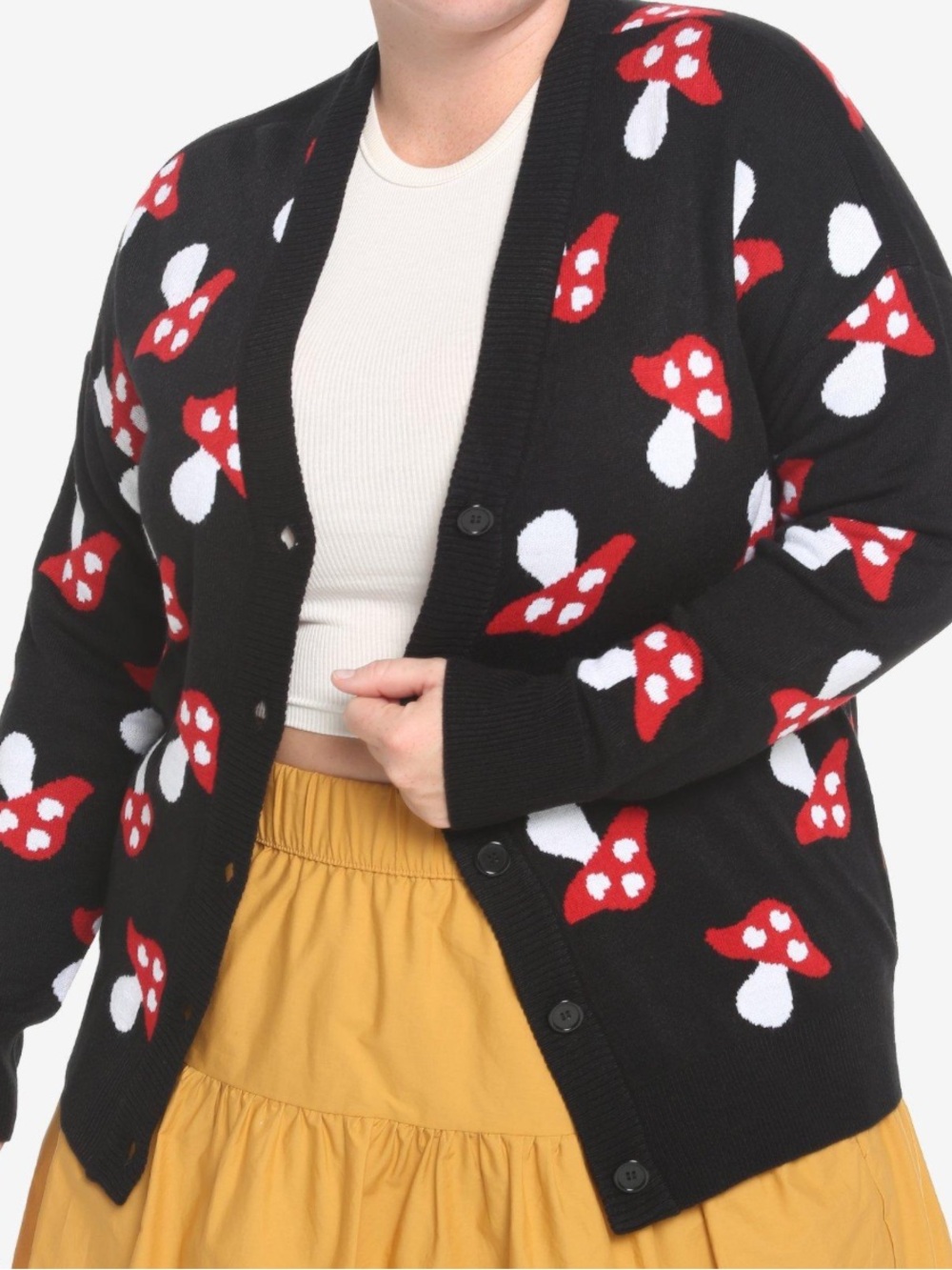 Thorn and Fable Black Cardigan with Red Mushroom Print